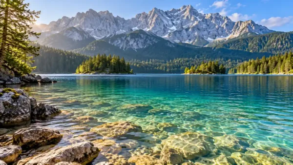 Day Trips from Munich: Castles, Alps and Salzburg by Train 9 Clear turquoise shallows at Eibsee meet forested shores and rugged Alpine mountains beneath a pale blue sky.