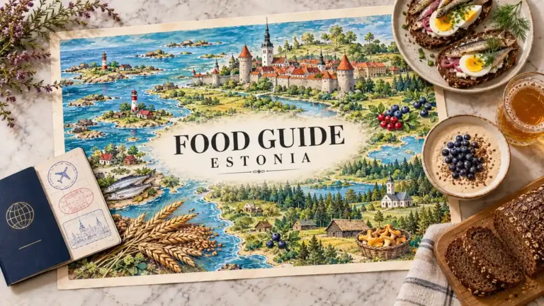 Estonian Food: What to Eat and Drink, and Where You'll Find It 4 Estonia watercolor map surrounded by rye bread, sprat and egg sandwiches, a berry-topped kama dessert, kali and a passport.
