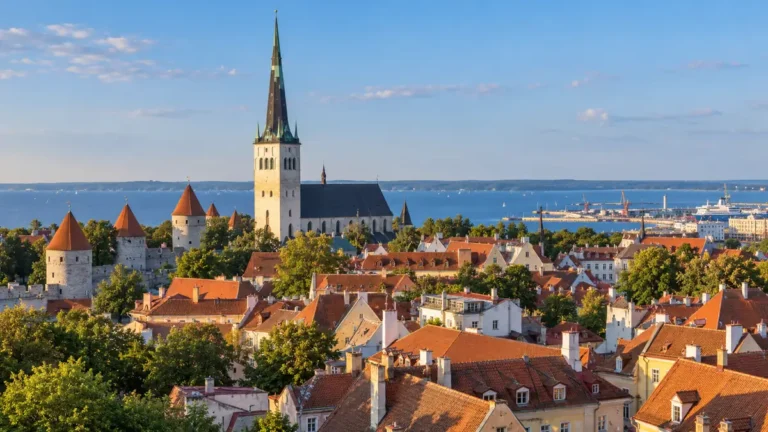 Home 15 AI-generated view of Tallinn Old Town with red rooftops, medieval towers, St Olaf’s Church and the Baltic Sea in warm light.