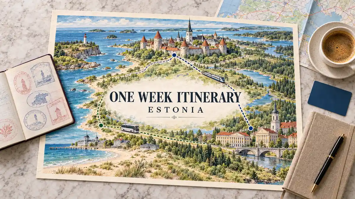 Estonia Itinerary: One Week from Tallinn to Tartu and the Coast 2 Illustrated Estonia route linking Tallinn towers, Tartu architecture and the Parnu coast, framed by a passport and travel planning objects.