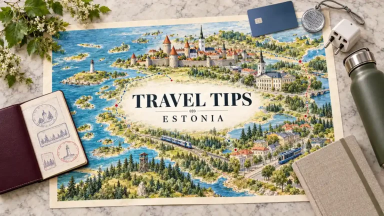 Estonia Travel Tips: How to Pay, Get Around and Fit In 5 Watercolor Estonia map with Tallinn and Tartu landmarks and transport motifs, framed by a passport, blank card, reflector, adapter, notebook and bottle.
