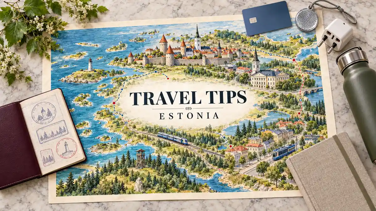 Estonia Travel Tips: How to Pay, Get Around and Fit In 2 Watercolor Estonia map with Tallinn and Tartu landmarks and transport motifs, framed by a passport, blank card, reflector, adapter, notebook and bottle.