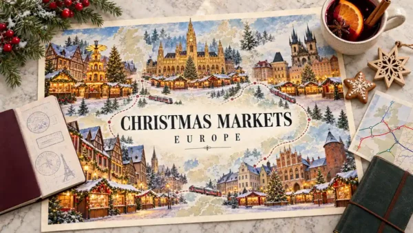 Christmas Markets in Europe: Where to Go and How to Combine Them 11 Illustrated European Christmas-market map with festive wooden stalls and historic squares, beside a passport, mulled wine, gingerbread star, wooden ornament, route card and notebook.