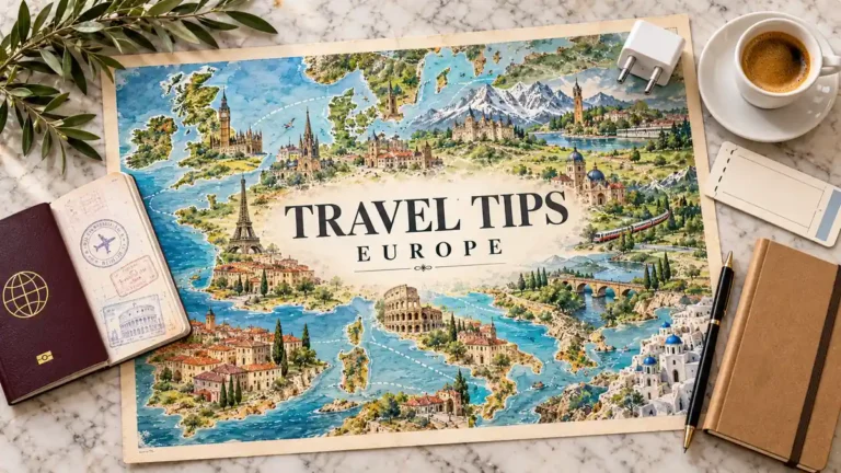 Europe Travel Tips: What to Know Before Your First Trip 4 Illustrated Europe map with old-town rooftops, Alpine mountains and a train, beside a passport, plug adapter, ticket, notebook, pen and coffee.