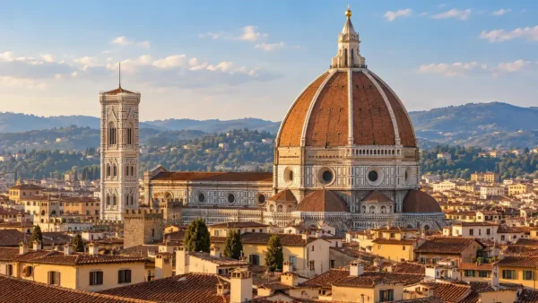 Travel to Florence, Italy: How to Plan Your Trip 9 AI-generated Florence view with the Duomo’s terracotta dome, Giotto’s bell tower and layered historic rooftops in warm light.