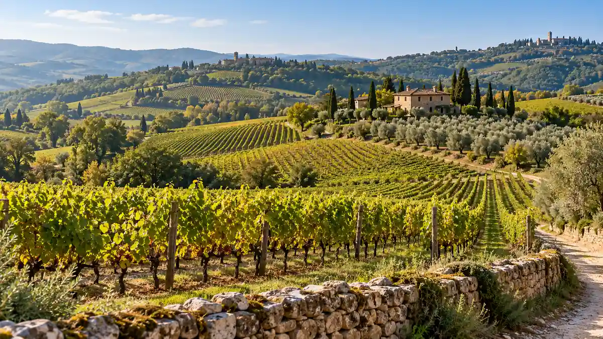 Travel to Florence Region, Italy: Best Day Trips From Florence 2 Vineyard rows, olive groves and a stone farmhouse across rolling Chianti hills near Florence, Italy.