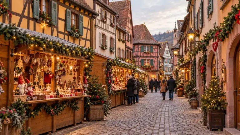 Home 3 Wooden Christmas stalls and festive half-timbered houses along a village street in Alsace, France