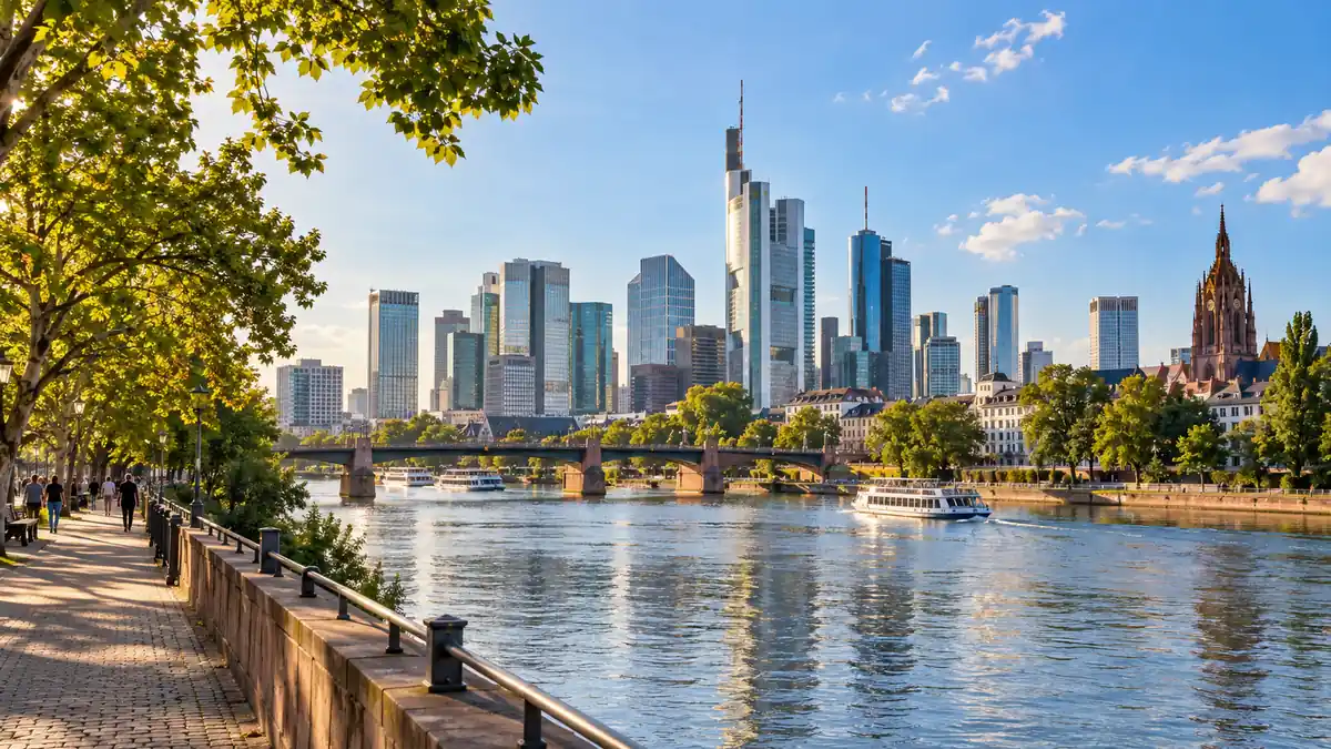 VAT Refund in Germany: Get the Stamp Right, Get the Money Back 2 Frankfurt's glass towers rise beyond the Main River, with a tree-lined promenade and walkers along the bank.
