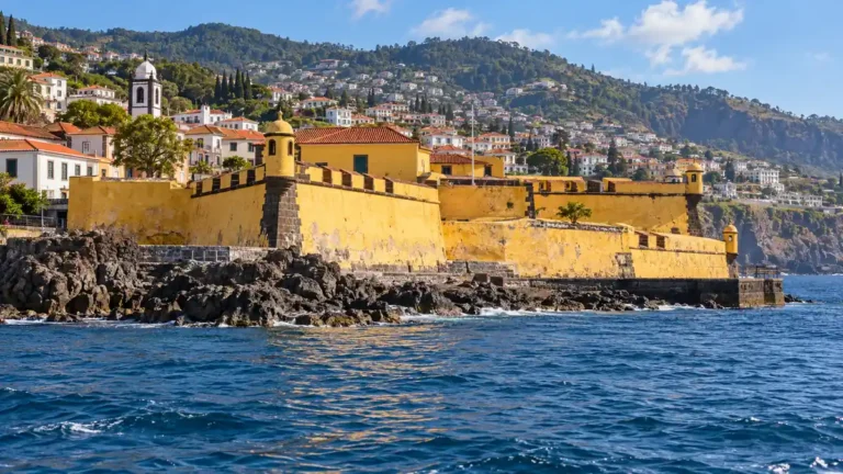 Planning a Trip to Funchal, Portugal: Madeira's Island Base 8 Yellow walls of Sao Tiago fortress above dark coastal rocks and blue Atlantic water in Funchal.