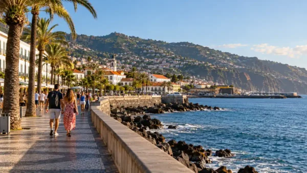 Funchal Airport Transport: Aerobus, Taxi or Transfer? 10 Palm-lined promenade beside the Atlantic in Funchal, with white buildings and homes climbing the hillside.