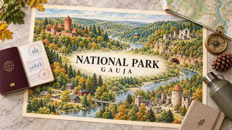 Illustrated Gauja valley with a winding river, sandstone cliffs, castles and autumn forest, framed by a passport and trail-planning objects.