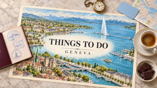 Illustrated Geneva map with Jet d'Eau, lake and historic skyline, framed by a passport and sightseeing accessories.