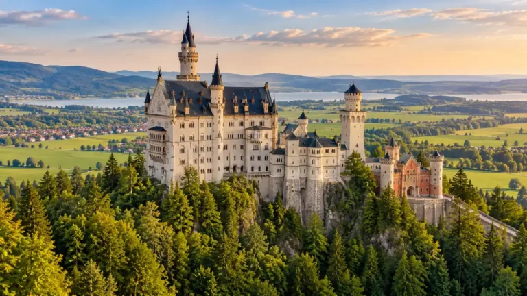 Neuschwanstein's pale towers and dark roofs rise above a wooded ridge, with Bavarian fields and foothills beyond.