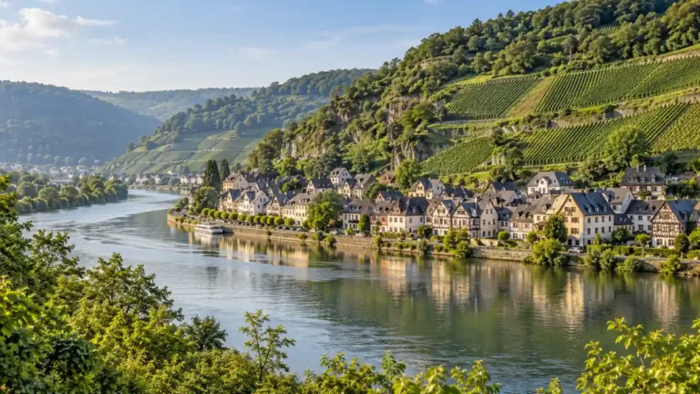 A riverside village with steep vineyards in Germany's Moselle Valley