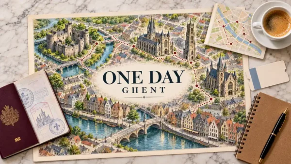 One Day in Ghent: The Route That Fits the Opening Hours 9 Illustrated Ghent route map with Gothic towers, Gravensteen castle and riverside guild houses, framed by a passport, route card, ticket, notebook, pen and coffee.