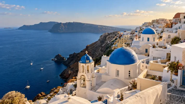 Home 11 Blue-domed churches and whitewashed buildings overlook the blue caldera waters at Oia, Santorini.