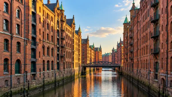 Red-brick warehouses line a calm canal in Hamburg's Speicherstadt, with arched windows and a bridge reflected in the water.