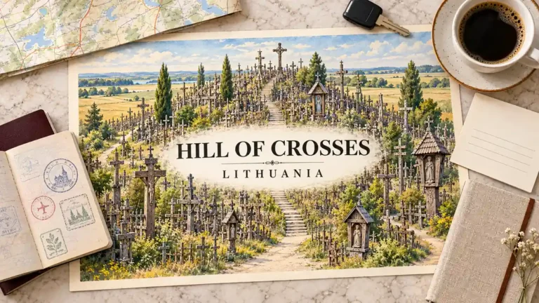 Watercolor Hill of Crosses scene with wooden crosses and an empty stepped path on a low mound, beside a passport and travel planning objects.