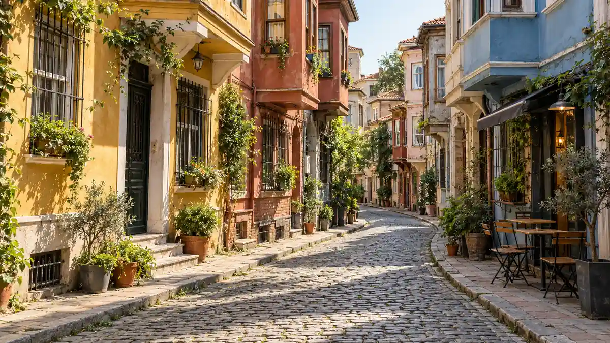 Things to Do in Istanbul: What to See First, Area by Area 2 Colorful historic houses along a sloping cobbled street in Balat, Istanbul
