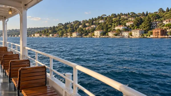 Istanbul Itinerary: 3 Days, One Side of the City Per Day 8 White ferry railing and wooden seats overlooking blue Bosphorus water and a green Istanbul shoreline