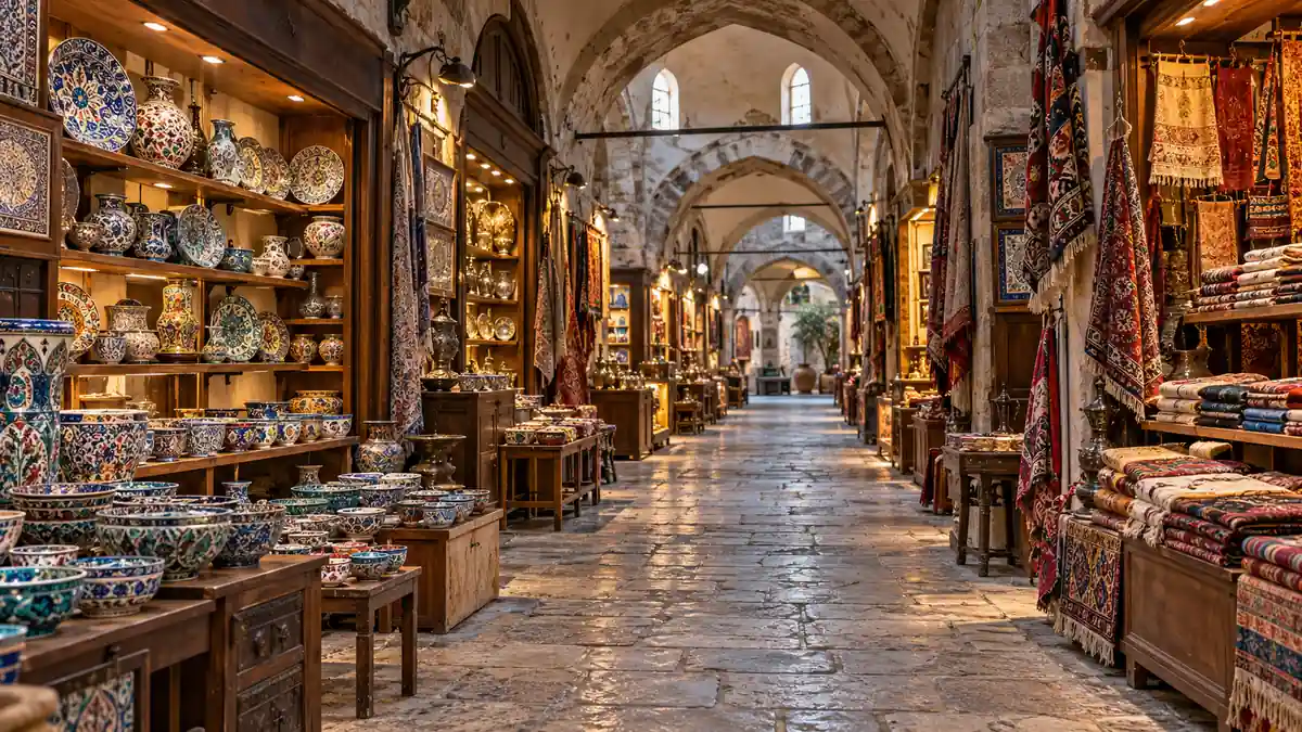 Tax-Free Shopping in Turkey: How to Get the VAT Back 2 A vaulted bazaar passage in Istanbul with ceramic bowls and woven textiles displayed in small shops