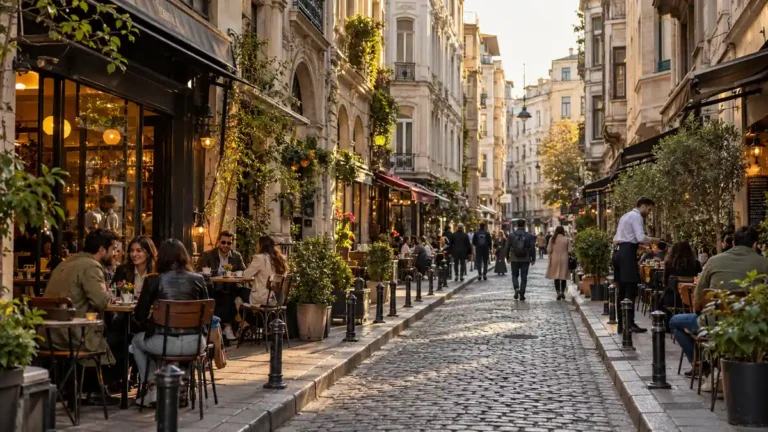 Cafe tables along a narrow street lined with historic buildings in Karakoy, Istanbul
