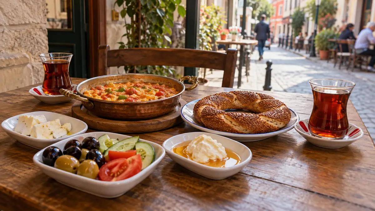 What to Eat in Istanbul: The Dishes and Where to Eat Them 2 Turkish breakfast with menemen, simit, olives, cheese and tea on a cafe table in Istanbul