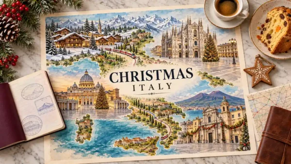 Christmas in Italy: Traditions, Food and Where to Spend It 16 Illustrated Italy map with festive cathedrals and Alpine chalets, beside a passport, panettone, espresso, wooden star, rail card and notebook.