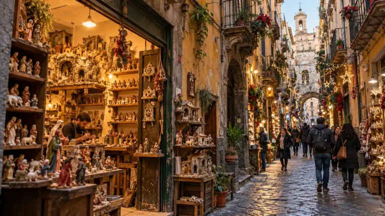Home 7 Nativity figurines displayed outside a warm workshop on a historic lane in Naples at Christmas