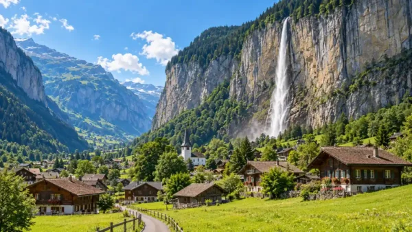 Jungfrau Region Travel Guide: Where to Base Yourself 9 Swiss chalets and green meadows beneath the Staubbach waterfall in Lauterbrunnen valley