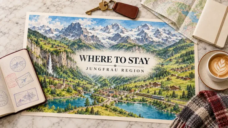 Jungfrau Region Travel Guide: Where to Base Yourself 5 Jungfrau region map with alpine villages, waterfall valley and mountain railway, framed by a passport and stay-planning objects.