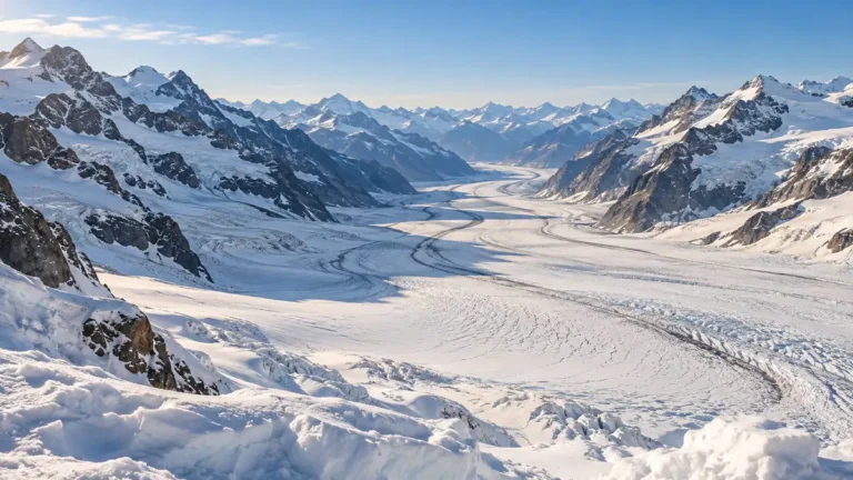 Visiting Jungfraujoch: Is the Top of Europe Worth the Fare? 7 Broad snow-covered glacier flowing between rocky Alpine ridges beneath a clear blue sky
