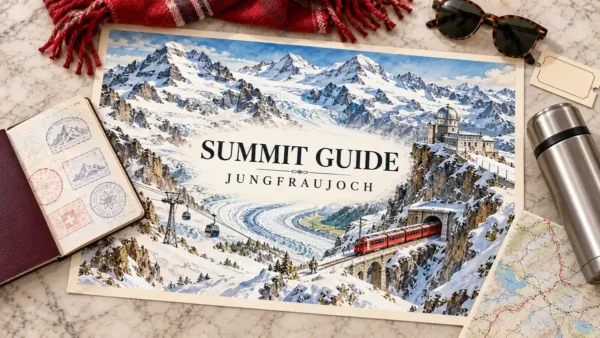 Visiting Jungfraujoch: Is the Top of Europe Worth the Fare? 10 Jungfraujoch watercolor map with snowy peaks, glacier and mountain railway, framed by a passport and warm clothing.