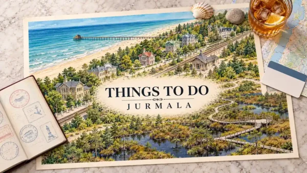 Things to Do in Jūrmala: 8 Picks From Beach to Ķemeri Bog 10 Jurmala illustration with a sandy beach, pine forest, wooden villas and a bog boardwalk, framed by a passport and coastal travel objects.