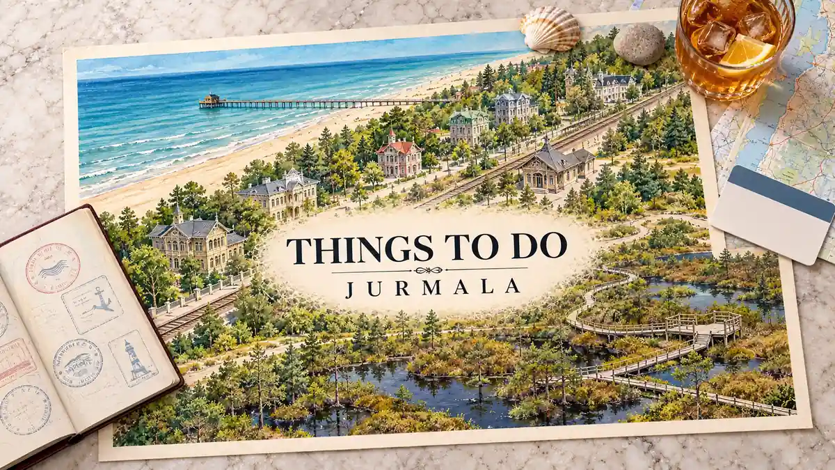 Things to Do in Jūrmala: 8 Picks From Beach to Ķemeri Bog 2 Jurmala illustration with a sandy beach, pine forest, wooden villas and a bog boardwalk, framed by a passport and coastal travel objects.