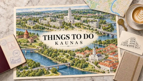 Things to Do in Kaunas and Whether It Deserves a Night 9 Watercolor Kaunas map with interwar buildings, Christ's Resurrection Church, red brick castle and Old Town beside rivers, framed by a passport and travel objects.