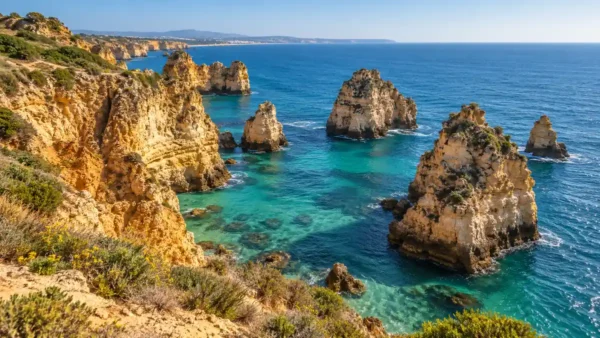 Trip to Lagos, Portugal: The Algarve Base That Needs No Car 11 Ochre limestone sea stacks and sheltered turquoise water at Ponta da Piedade near Lagos, Portugal.