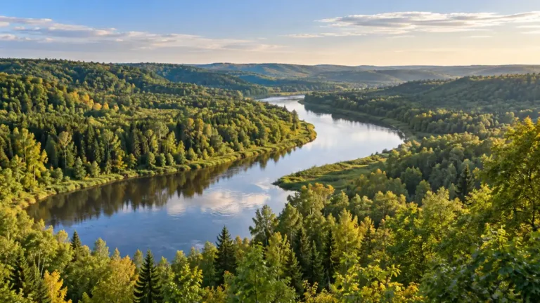 Home 17 Illustration of a winding river through wooded hills inspired by Latvia’s Gauja Valley in warm afternoon light.