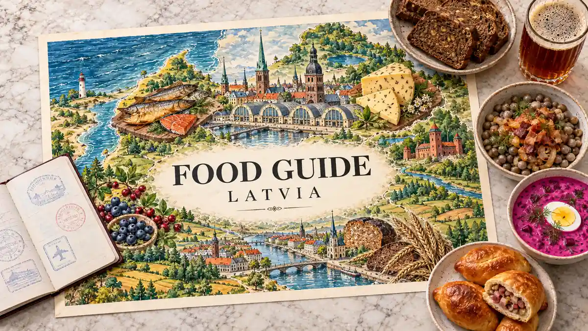 Latvian Food: What to Eat and Drink, and Where to Find It 2 Latvia culinary map framed by dark rye bread, grey peas with bacon, pink beet soup, piragi buns and a glass of kvass.