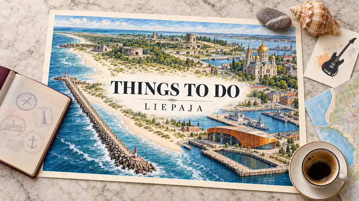 Things to Do in Liepāja: Karosta, the Beach and the Music City 2 Liepaja coastal illustration with naval cathedral domes, fort ruins and Great Amber concert hall beside a passport and seaside travel objects.