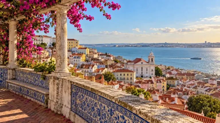 Blue-and-white tiled viewpoint with bougainvillea overlooking Alfama rooftops and the Tagus in Lisbon