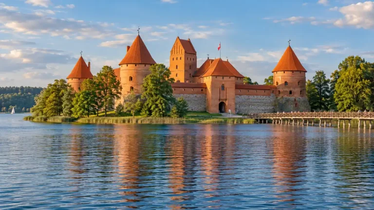Home 16 Red-brick towers of Trakai Island Castle rise above Lake Galve beside a wooden footbridge in warm sunlight.