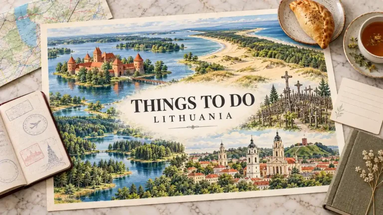 Watercolor Lithuania destination map with Trakai Island Castle, coastal dunes, the Hill of Crosses and forest lakes, surrounded by a passport and travel objects.