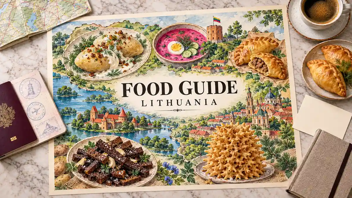 Lithuanian Food Guide: What to Eat and Drink and How to Order 2 Watercolor Lithuania food map with potato dumplings, pink beetroot soup, crescent pastries, rye bread and tree cake, beside a passport and travel objects.