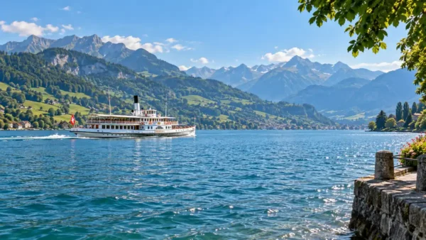 Lucerne Itinerary: 2 Days With One Mountain Day 12 White passenger steamer crossing blue Lake Lucerne with green shores and distant mountains