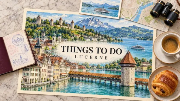 Things to Do in Lucerne: What's Worth Your Time and What to Skip 10 Illustrated Lucerne map with Chapel Bridge, Water Tower, lake and mountains, framed by a passport and sightseeing objects.