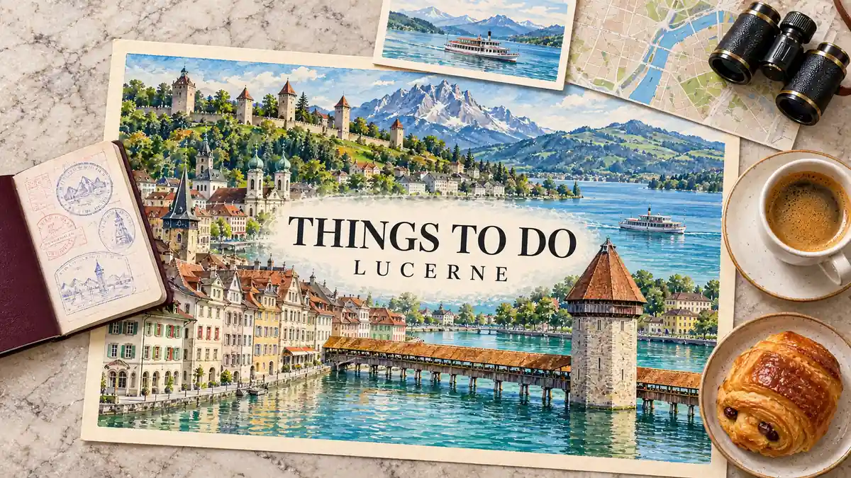 Illustrated Lucerne map with Chapel Bridge, Water Tower, lake and mountains, framed by a passport and sightseeing objects.