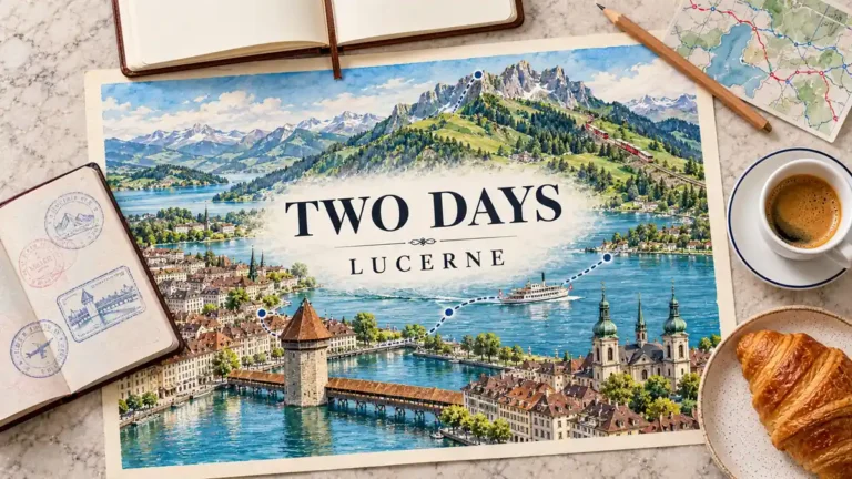 Lucerne Itinerary: 2 Days With One Mountain Day 7 Lucerne itinerary map with covered bridge, blue lake and mountain railway, beside a passport and planning objects.