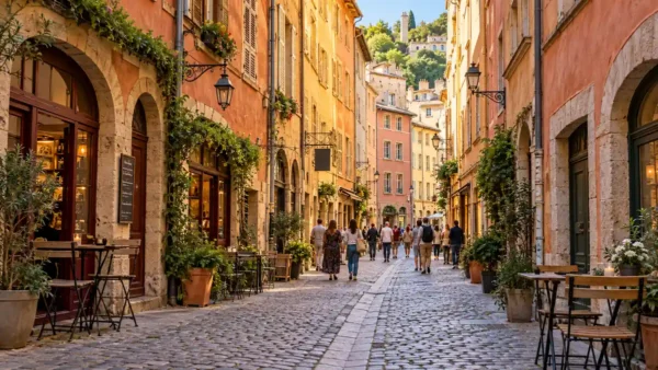 Warm ochre facades, cobbled paving and cafe tables along a narrow lane in Vieux Lyon.