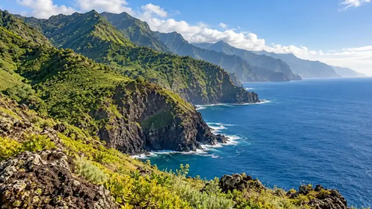 Travel to Madeira, Portugal: How to Plan Your First Trip 6 Green volcanic mountains descending to dark coastal cliffs and blue Atlantic water in Madeira